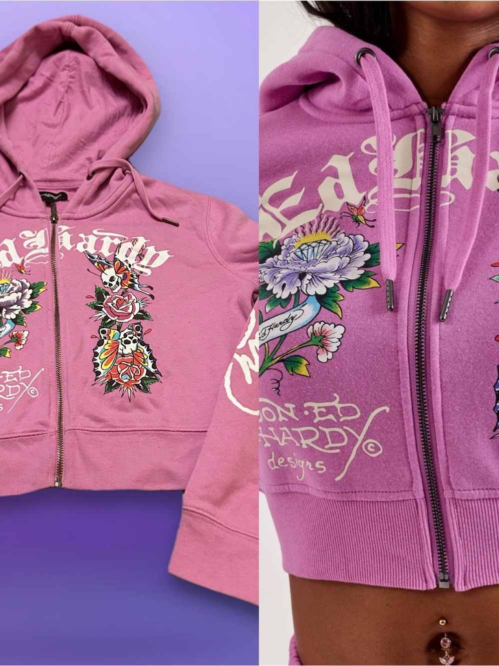 Ed Hardy  Girls Pink Floral Tattoo-Graphic Zip Hoodie XL